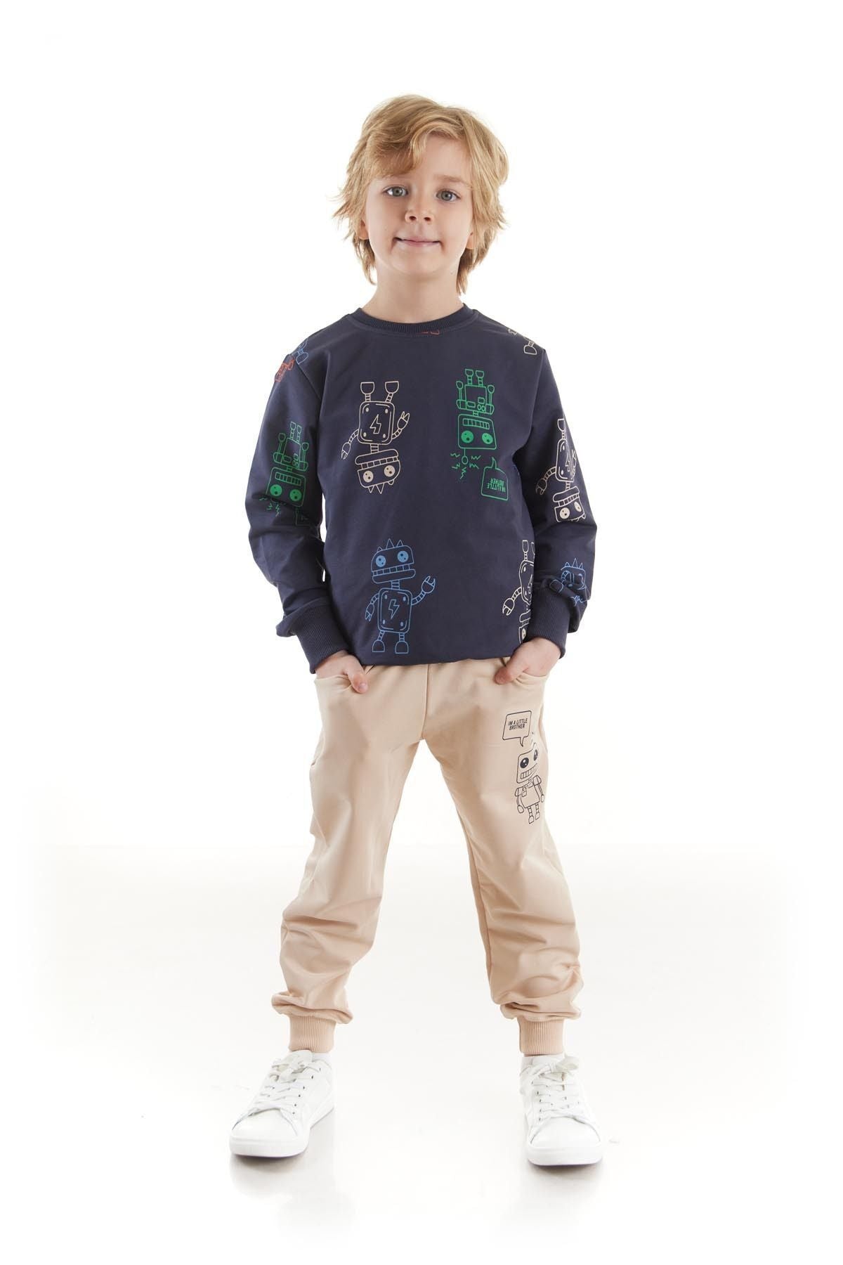 Kids Boys Tracksuit Set Robot Printed Bottom Top Double Set Cotton Seasonal Ak2506