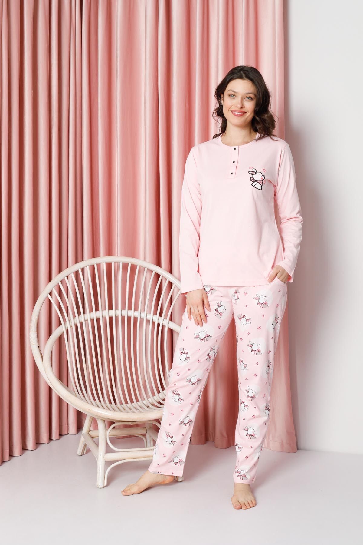 Women's Pajama Set Long Sleeve Rabbit Print Cotton Single Jersey W20632316