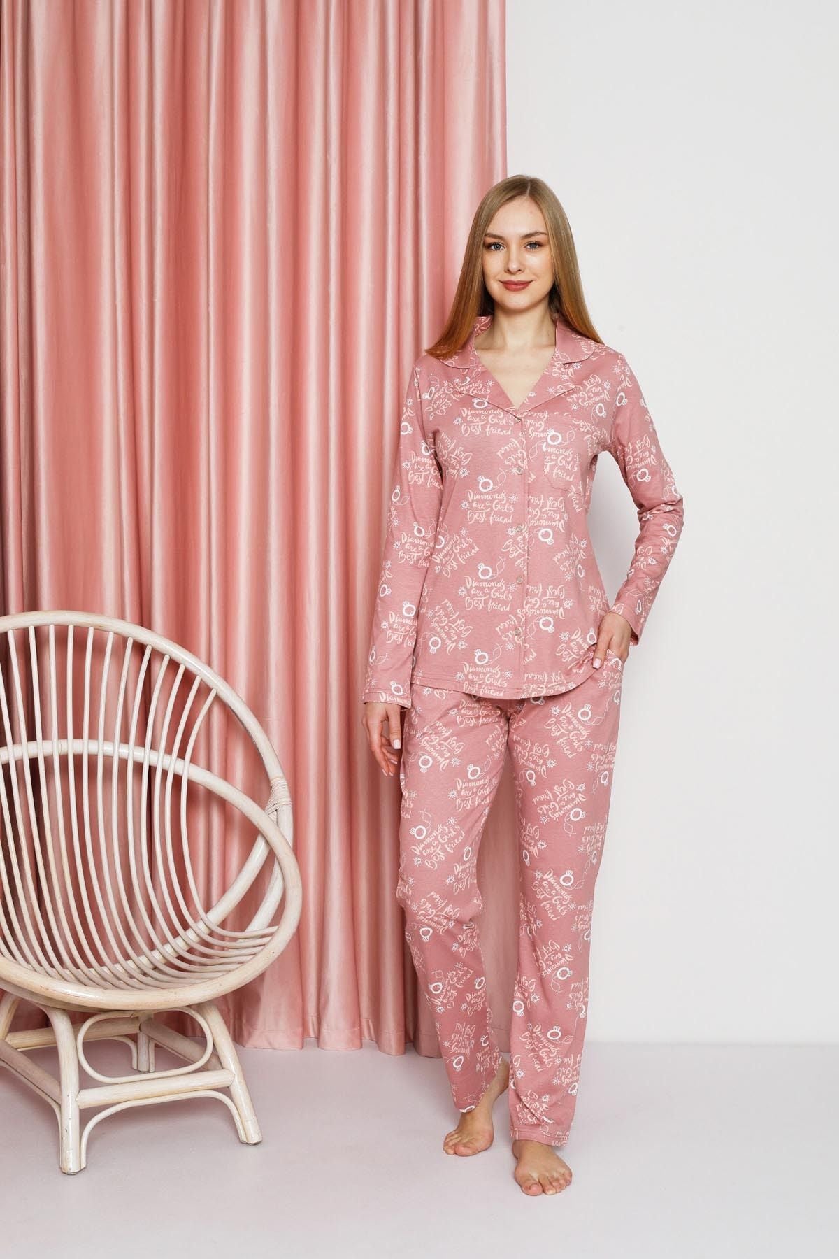 Women's Pajama Set Single Jersey Long Sleeve Long Sleeve Neck Button Down Diamond Printed Cotton Seasonal W20622305