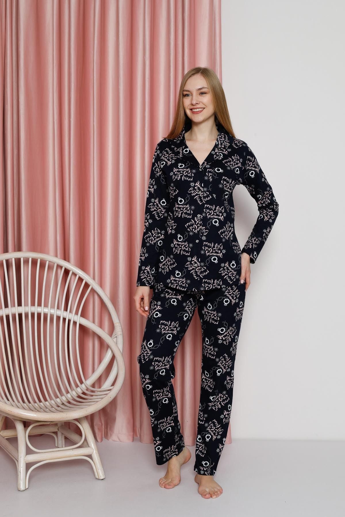 Kadın Pijama Takımı Süprem Uzun Kollu Boydan Düğmeli Diamond Yazılı Pamuklu Mevsimlik W20622305