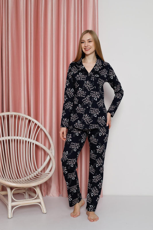 Women's Pajama Set Single Jersey Long Sleeve Long Sleeve Neck Button Down Diamond Printed Cotton Seasonal W20622305