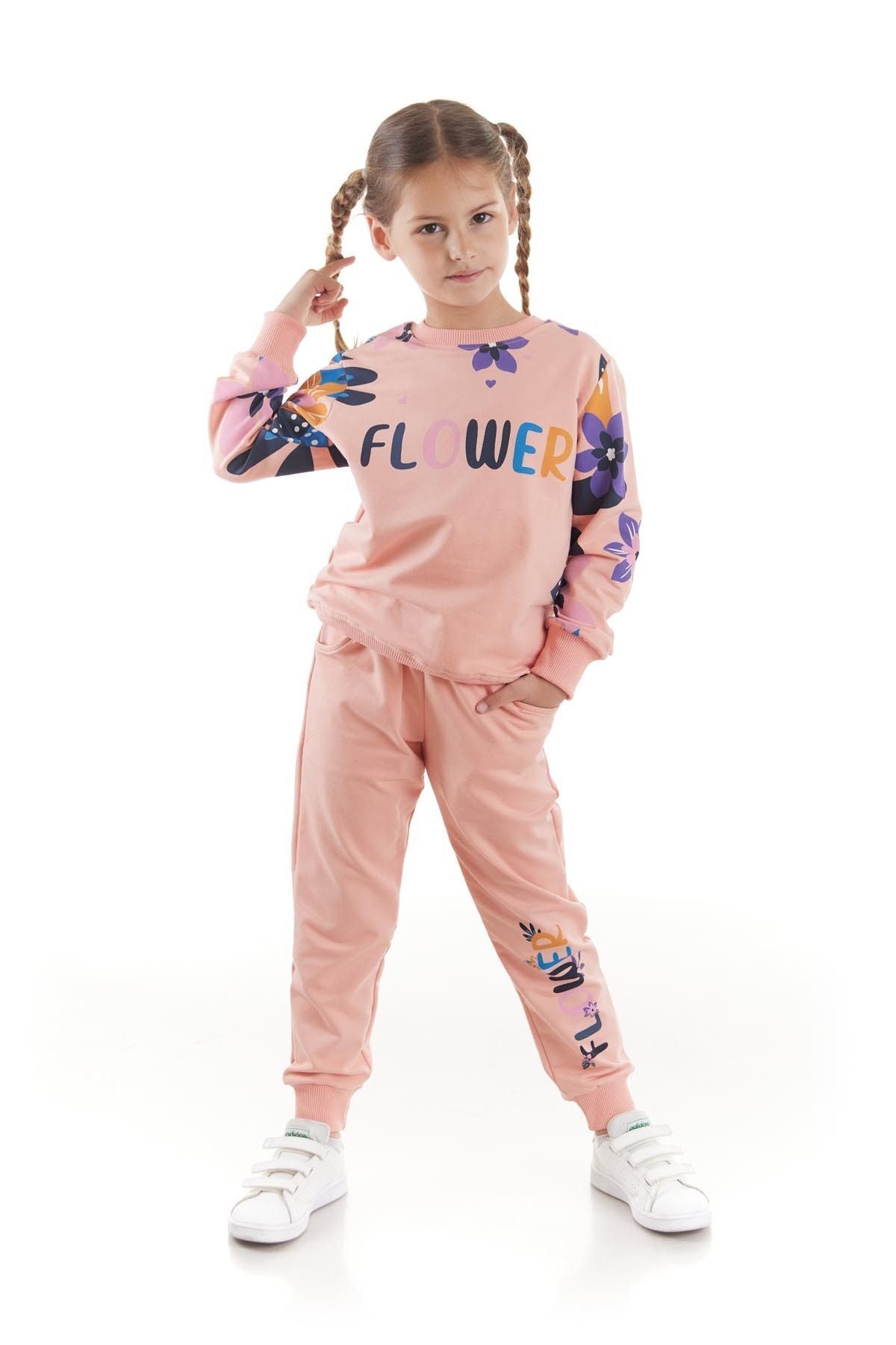 Girl's Tracksuit Set Flower Printed Bottom Top Double Set Cotton Seasonal Ak2505