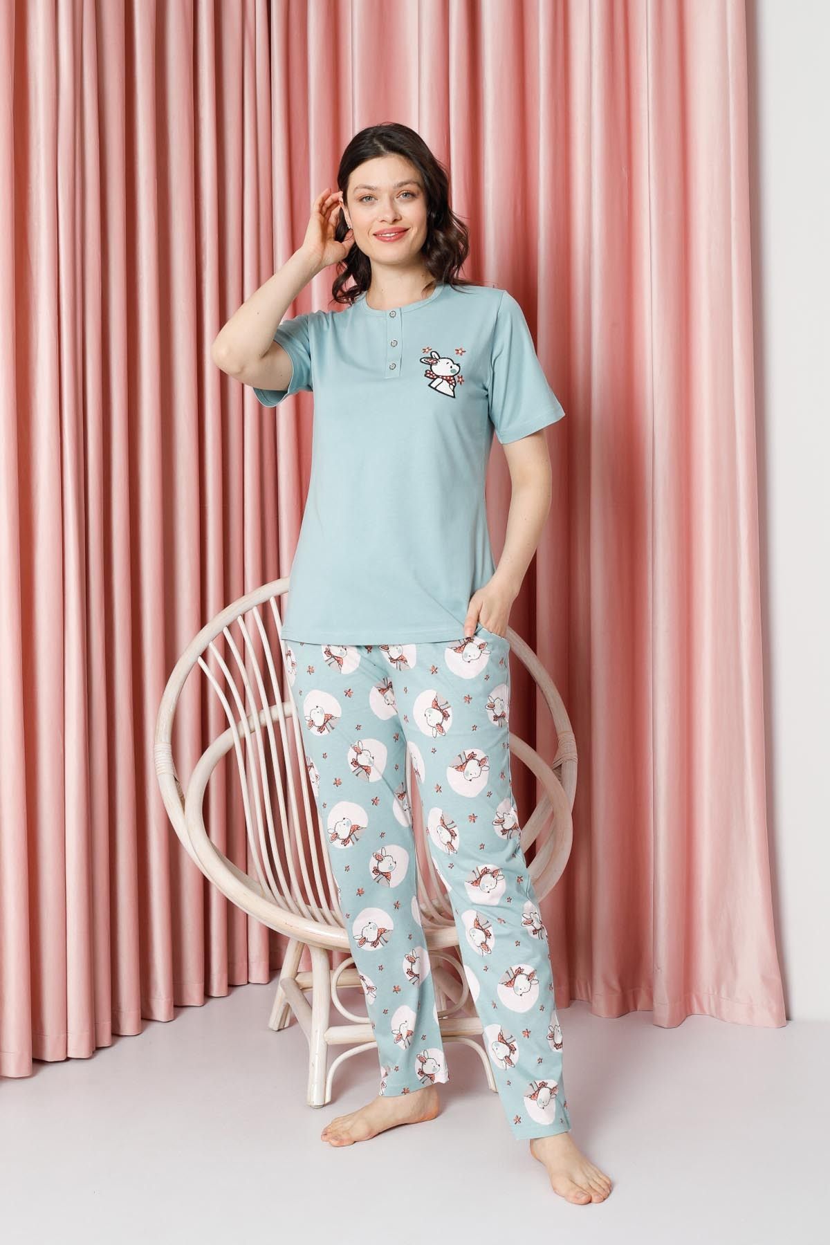 Women's Pajama Set Short Sleeve Rabbit Print Cotton Single Jersey W20642317