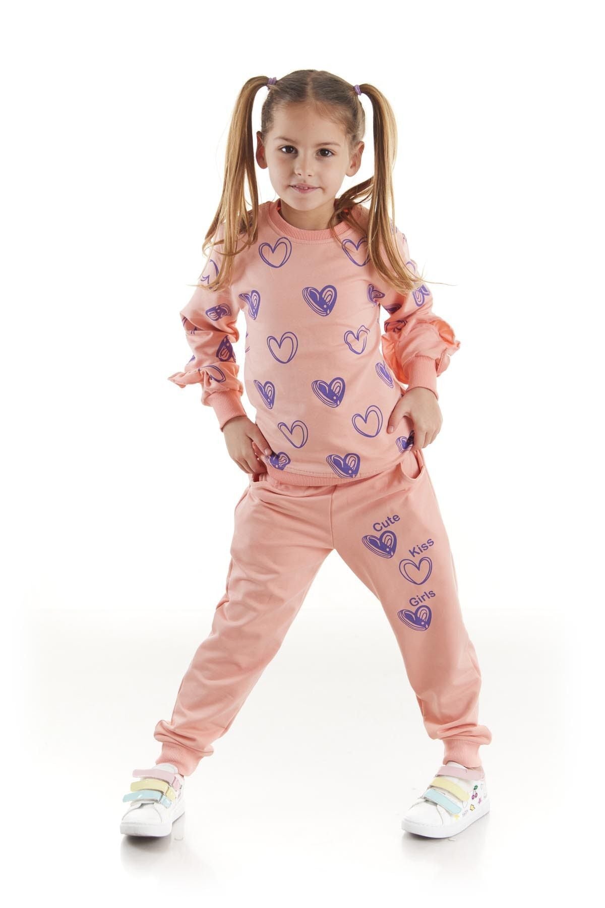 Kids Girls Tracksuit Set Heart Printed Bottom Top Two Piece Set Cotton Seasonal Ak2503