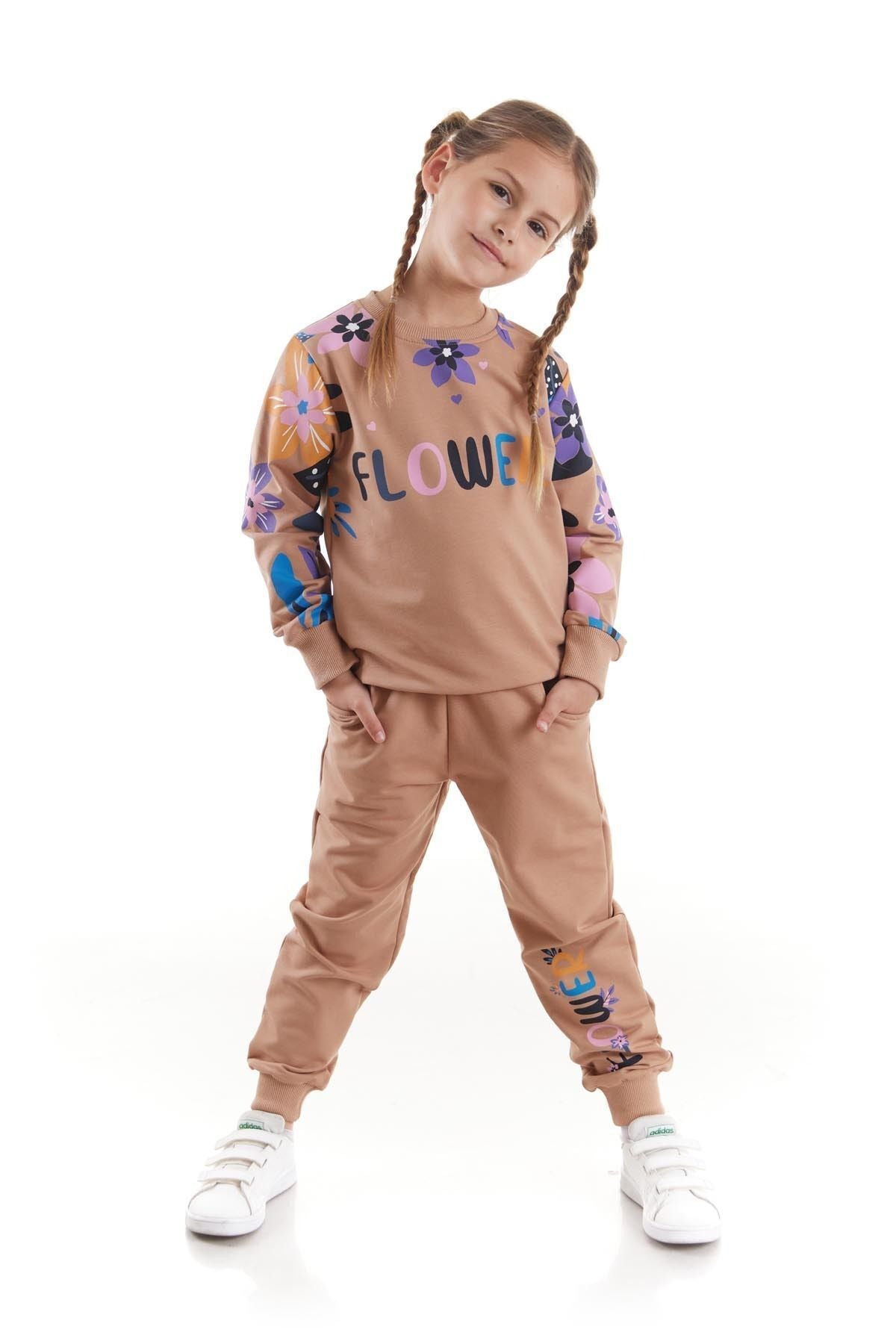 Girl's Tracksuit Set Flower Printed Bottom Top Double Set Cotton Seasonal Ak2505