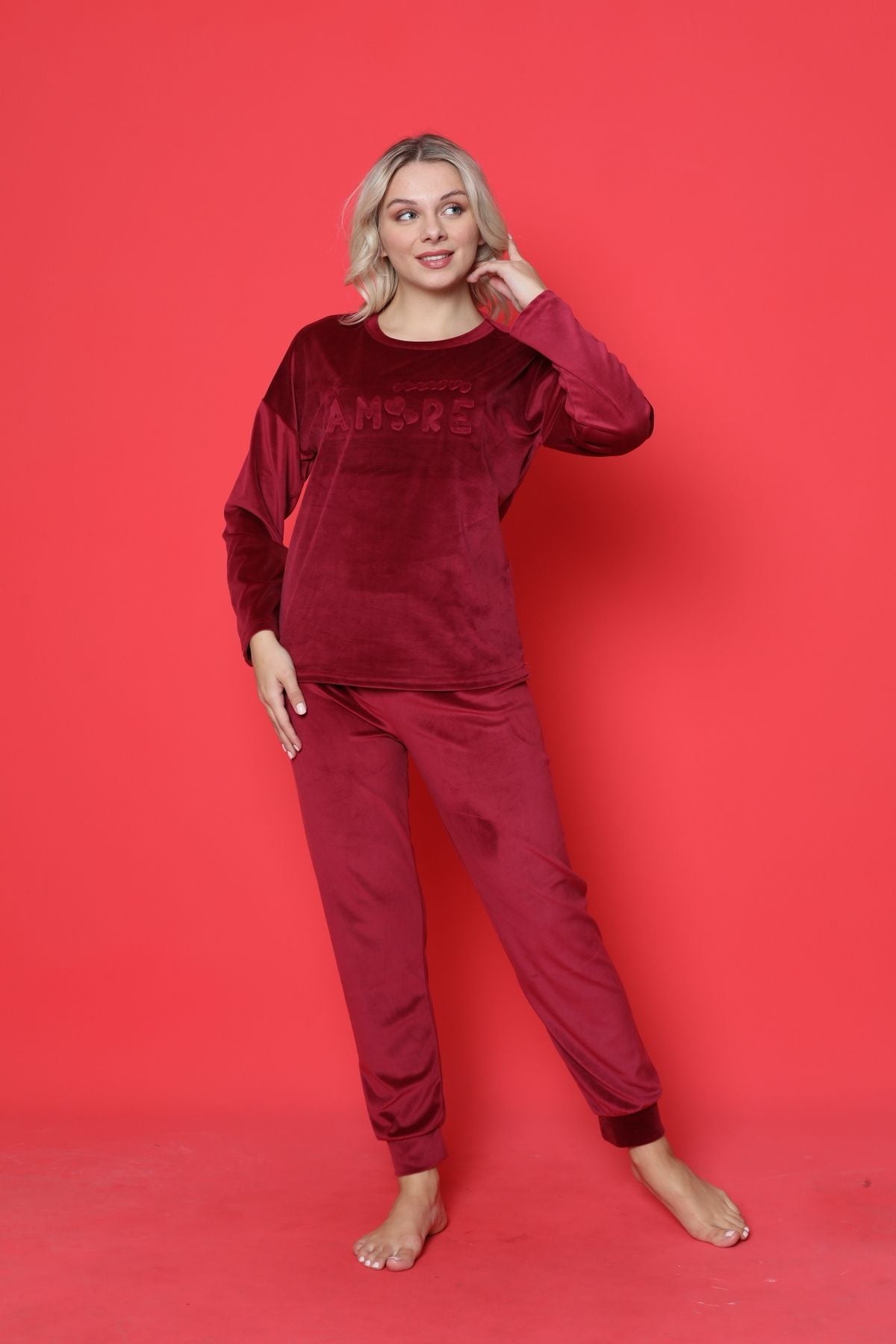 Young Women Pajama Set French Velvet Amore Printed Spade Cuff Winter Seasonal W20432250