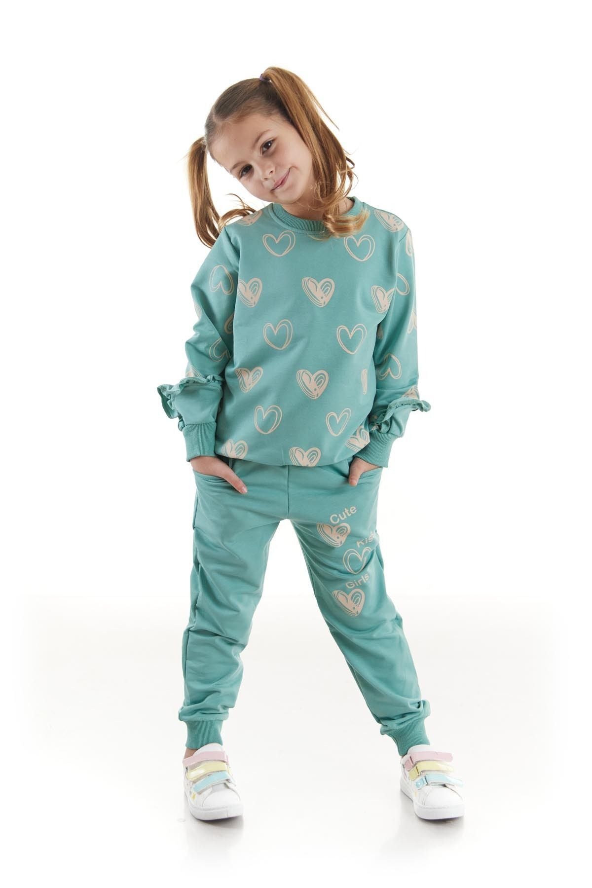 Kids Girls Tracksuit Set Heart Printed Bottom Top Two Piece Set Cotton Seasonal Ak2503