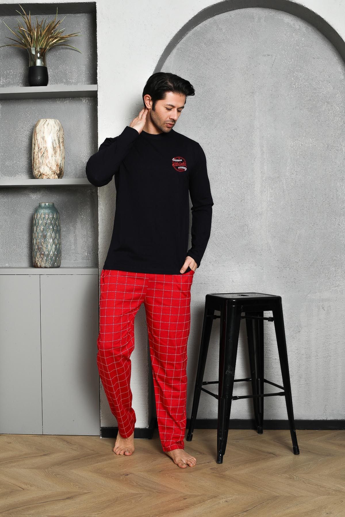 Men's Pajama Set Long Sleeve Single Jersey Plaid Chest Embroidered Cotton Seasonal M58272306