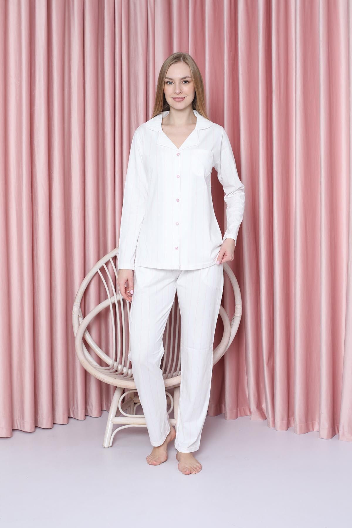 Women's Pajama Set Single Jersey Longstock Slim Striped Jacket Collar Cotton Seasonal W20602299