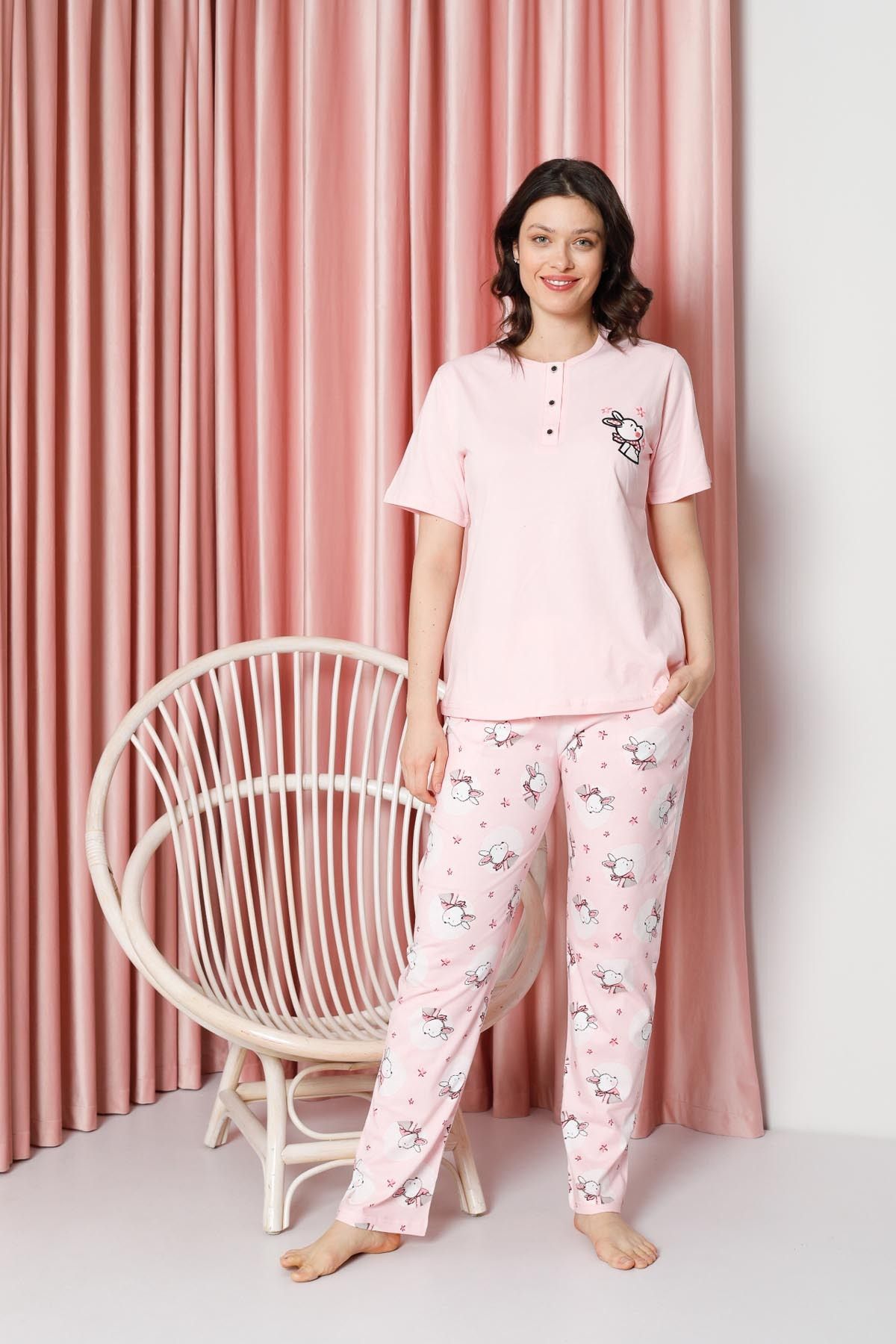 Women's Pajama Set Short Sleeve Rabbit Print Cotton Single Jersey W20642317