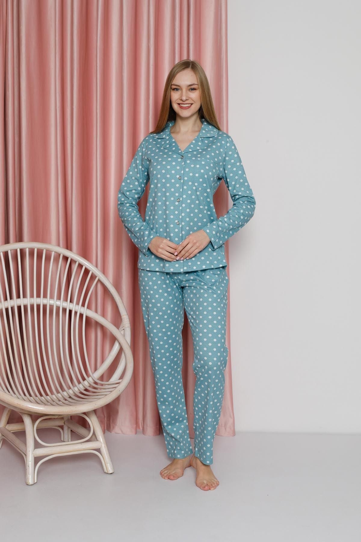 Kadın Pijama Takımı Süprem Uzun Kollu Puantiyeli Boydan Düğmeli Cepli Pamuklu Mevsimlik W20612304