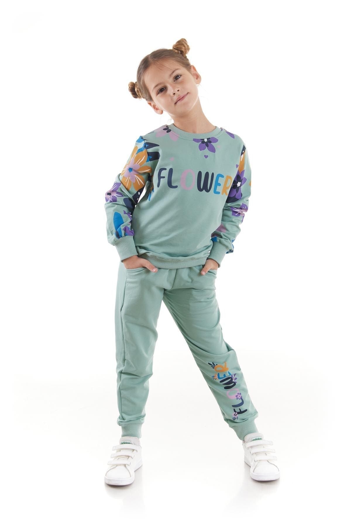 Girl's Tracksuit Set Flower Printed Bottom Top Double Set Cotton Seasonal Ak2505