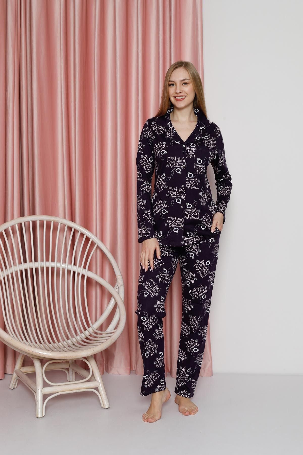 Women's Pajama Set Single Jersey Long Sleeve Long Sleeve Neck Button Down Diamond Printed Cotton Seasonal W20622305