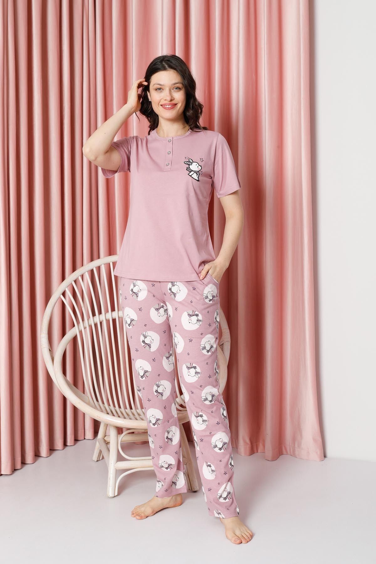 Women's Pajama Set Short Sleeve Rabbit Print Cotton Single Jersey W20642317