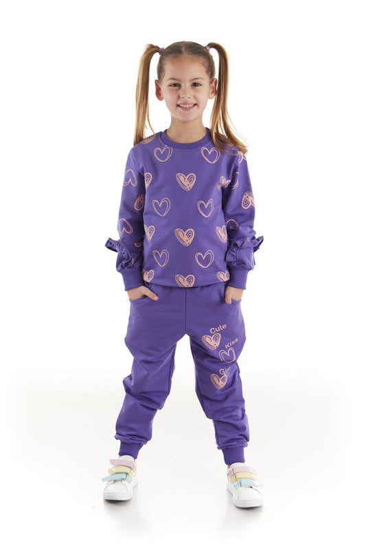 Kids Girls Tracksuit Set Heart Printed Bottom Top Two Piece Set Cotton Seasonal Ak2503