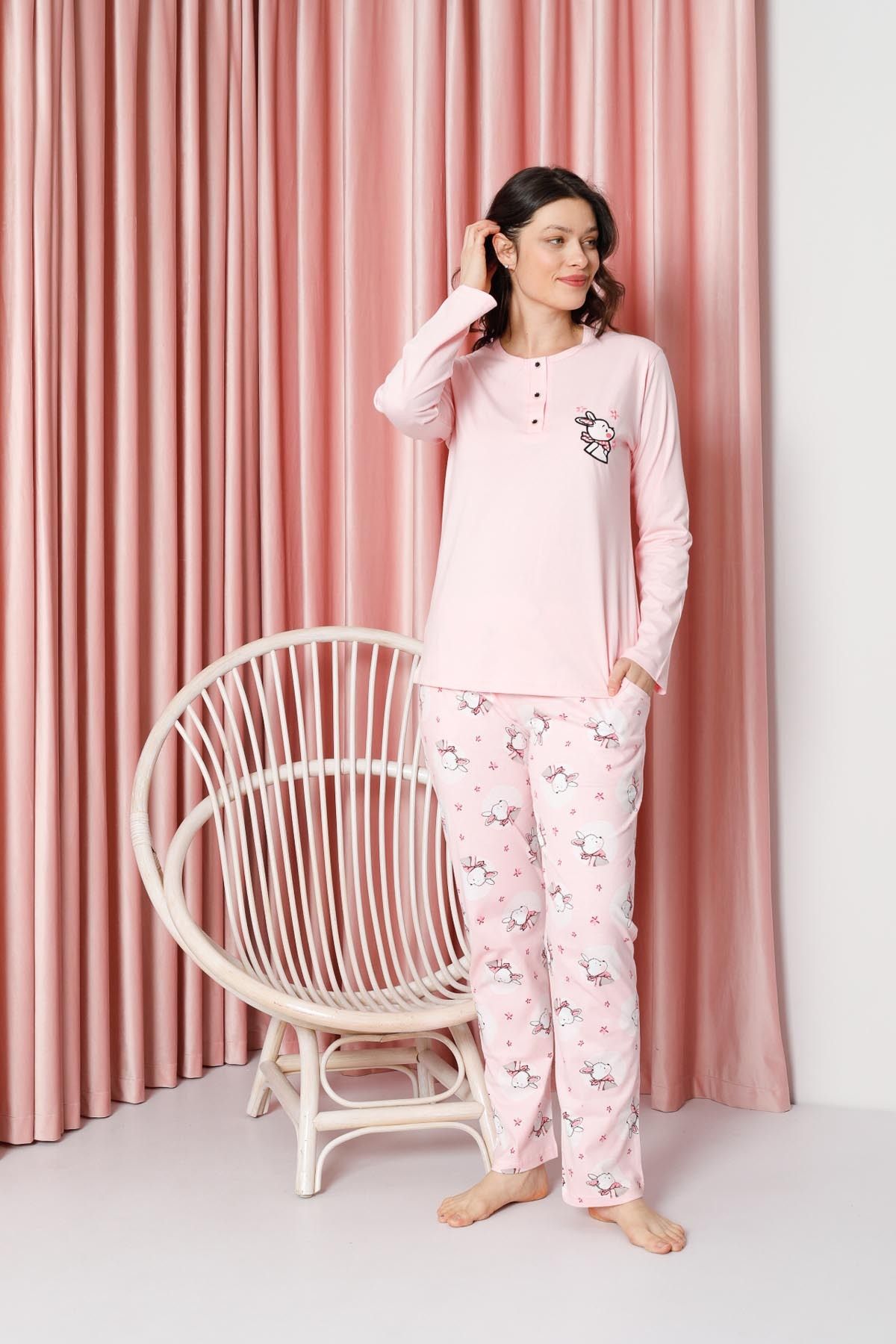 Women's Pajama Set Long Sleeve Rabbit Print Cotton Single Jersey W20632316