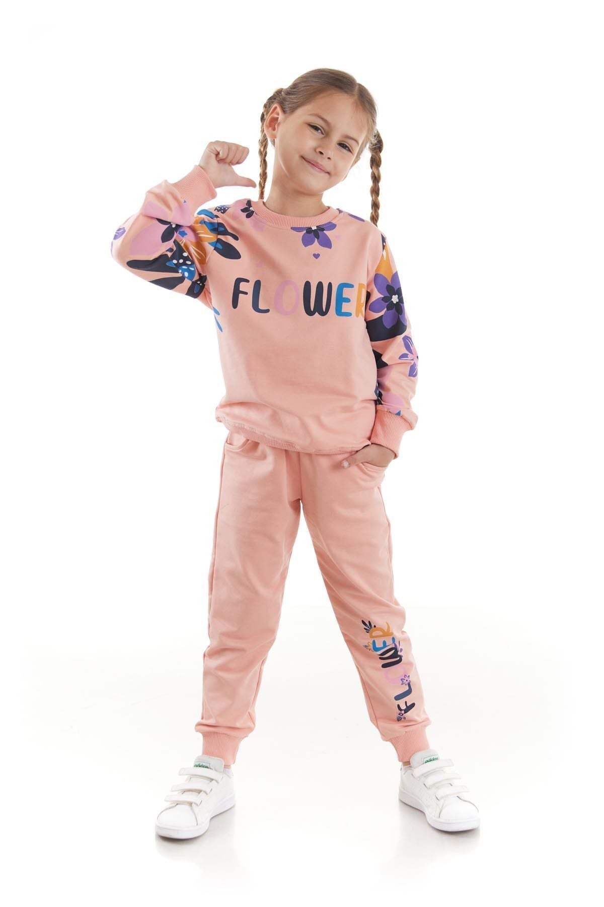 Girl's Tracksuit Set Flower Printed Bottom Top Double Set Cotton Seasonal Ak2505