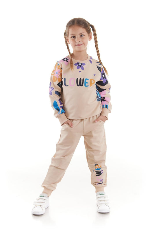 Girl's Tracksuit Set Flower Printed Bottom Top Double Set Cotton Seasonal Ak2505