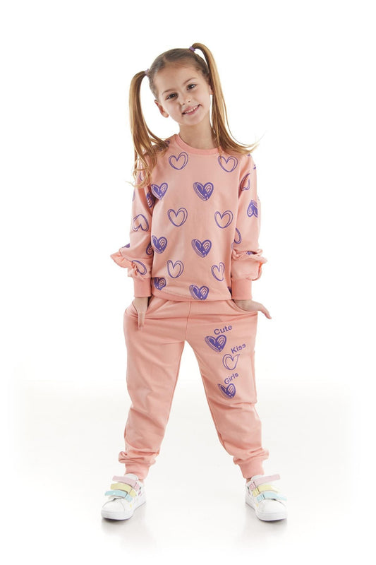 Kids Girls Tracksuit Set Heart Printed Bottom Top Two Piece Set Cotton Seasonal Ak2503