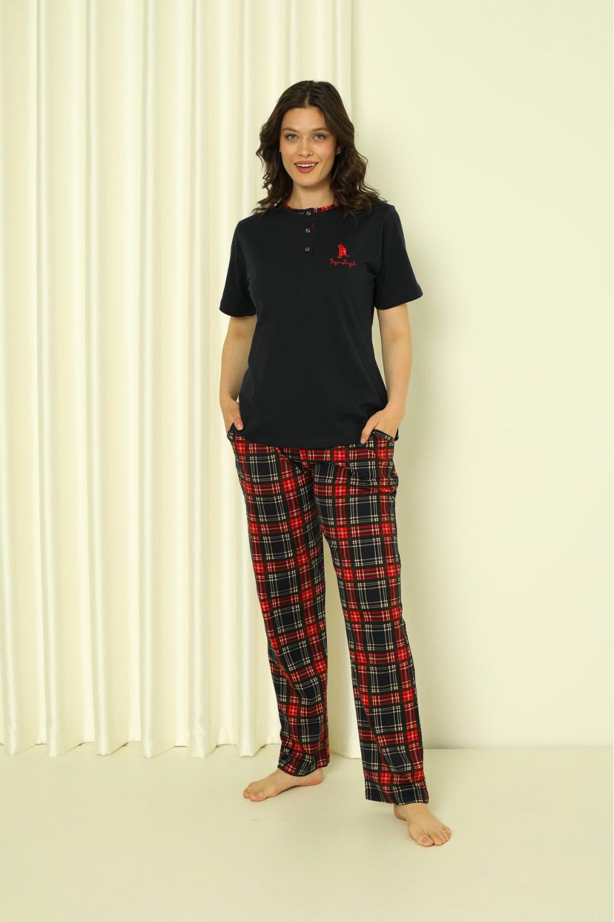Kadın Pijama Takımı Kısa Kol Altı Küçük Ekoseli Pamuklu Mevsimlik W20312300