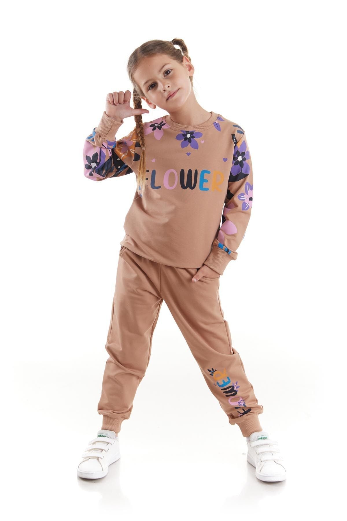 Girl's Tracksuit Set Flower Printed Bottom Top Double Set Cotton Seasonal Ak2505