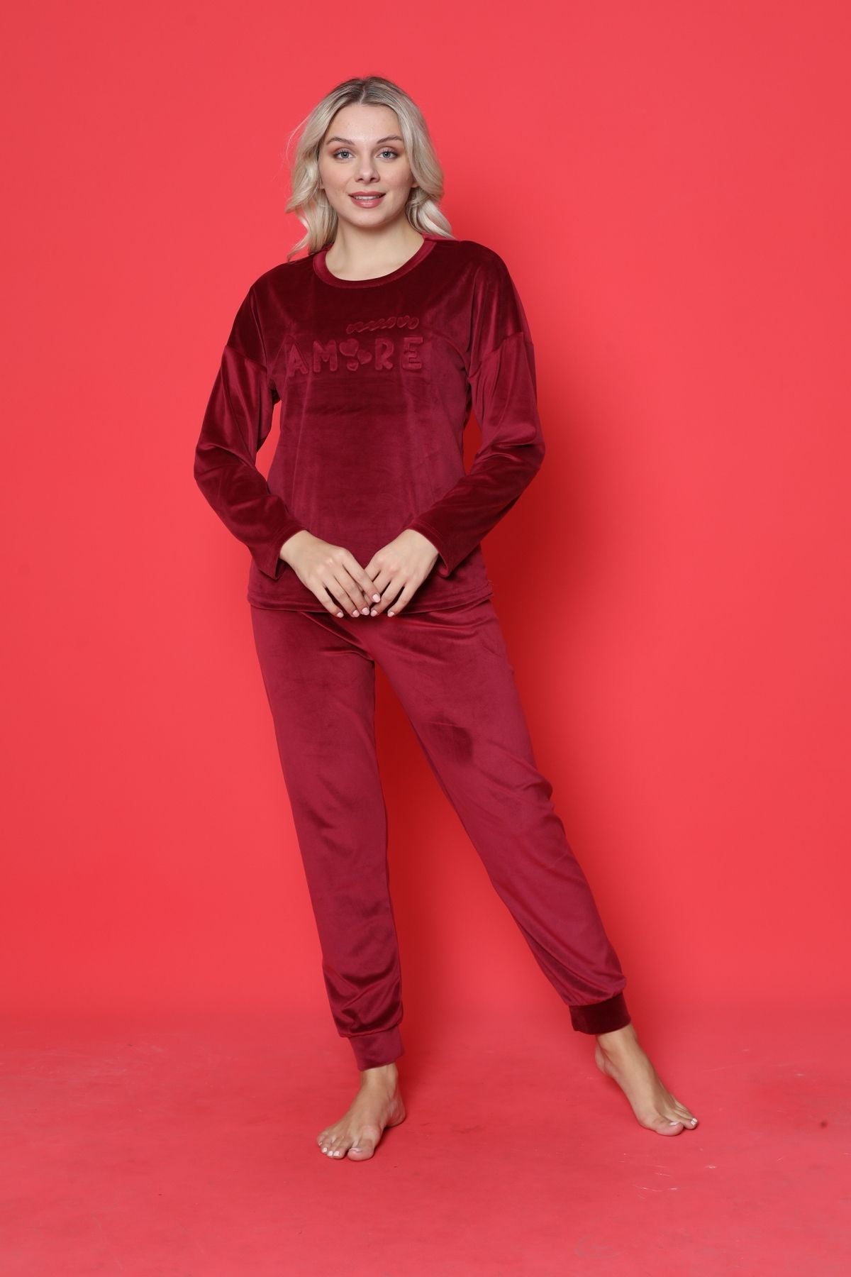 Young Women Pajama Set French Velvet Amore Printed Spade Cuff Winter Seasonal W20432250