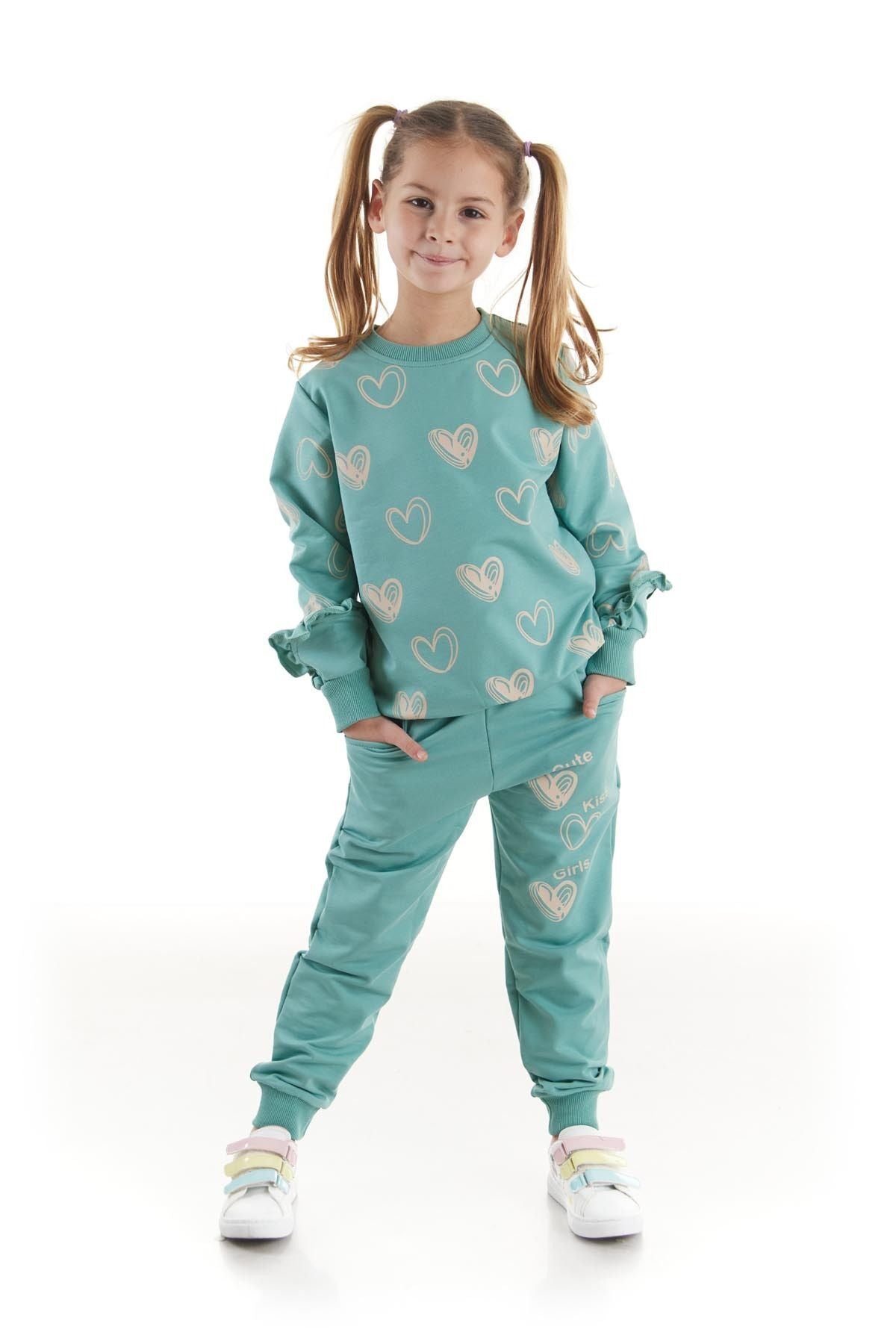 Kids Girls Tracksuit Set Heart Printed Bottom Top Two Piece Set Cotton Seasonal Ak2503