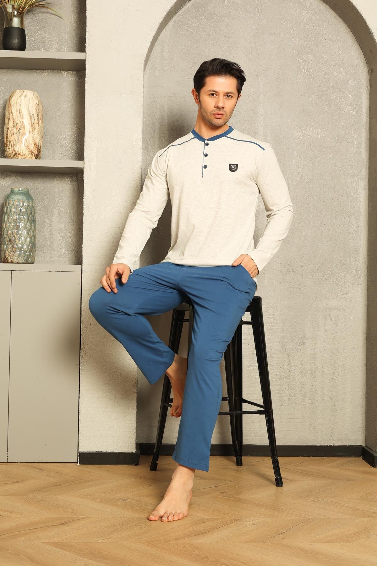 Men's Pajama Set Single Jersey Long Sleeve Shoulder Padded Chest Crest Cotton M58332311