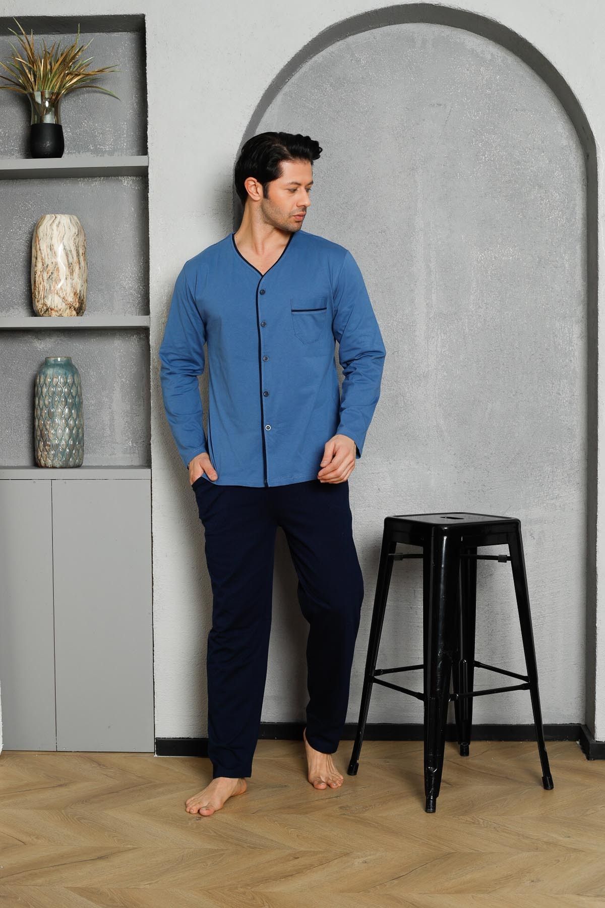 Men's Pajama Set Long Sleeve Single Jersey Long Sleeve Button Down Top Pocket Cotton M58262315