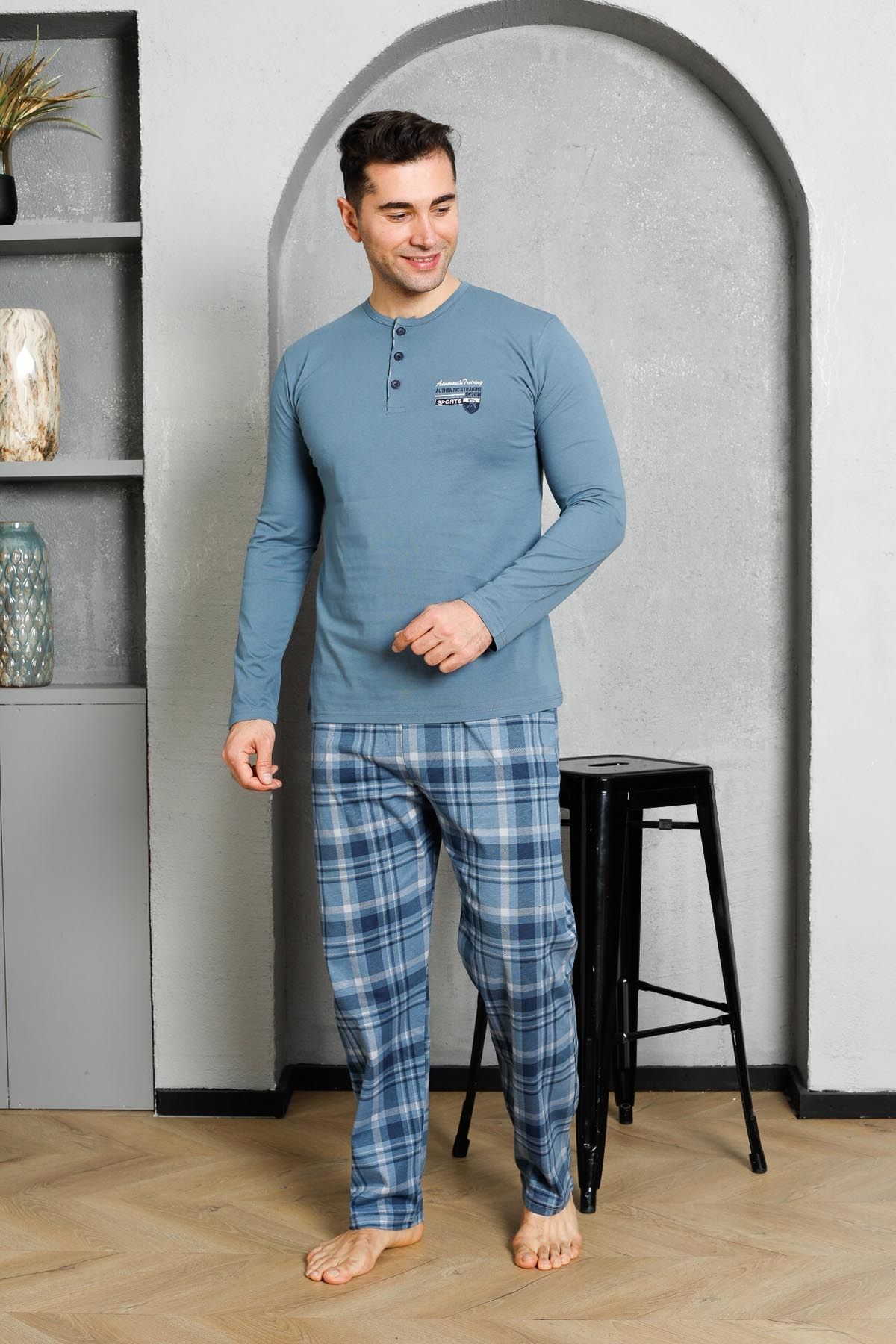 Men's Pajama Set Long Sleeves Big Plaid Button Down Collar Cotton M58372320