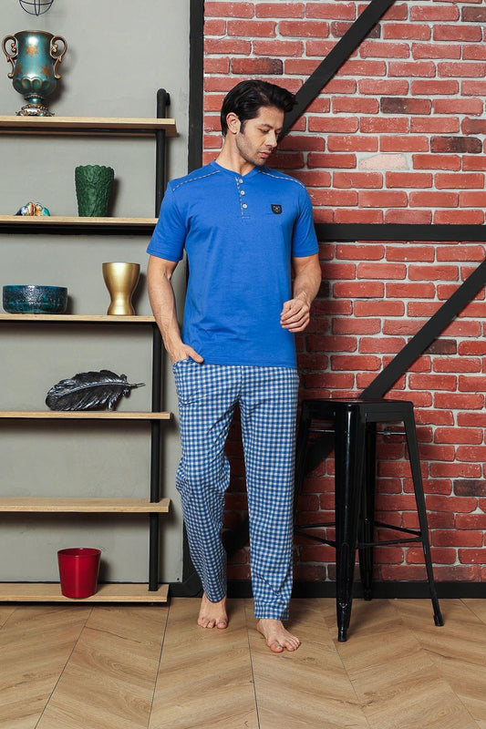 Men's Pajama Set Single Jersey Short Sleeve Summer Shoulder Padded Small Plaid Crested Cotton M58362313