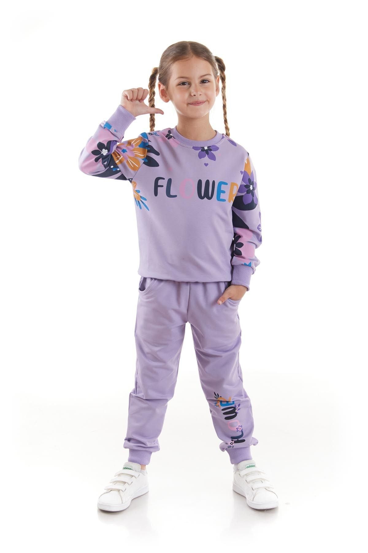 Girl's Tracksuit Set Flower Printed Bottom Top Double Set Cotton Seasonal Ak2505