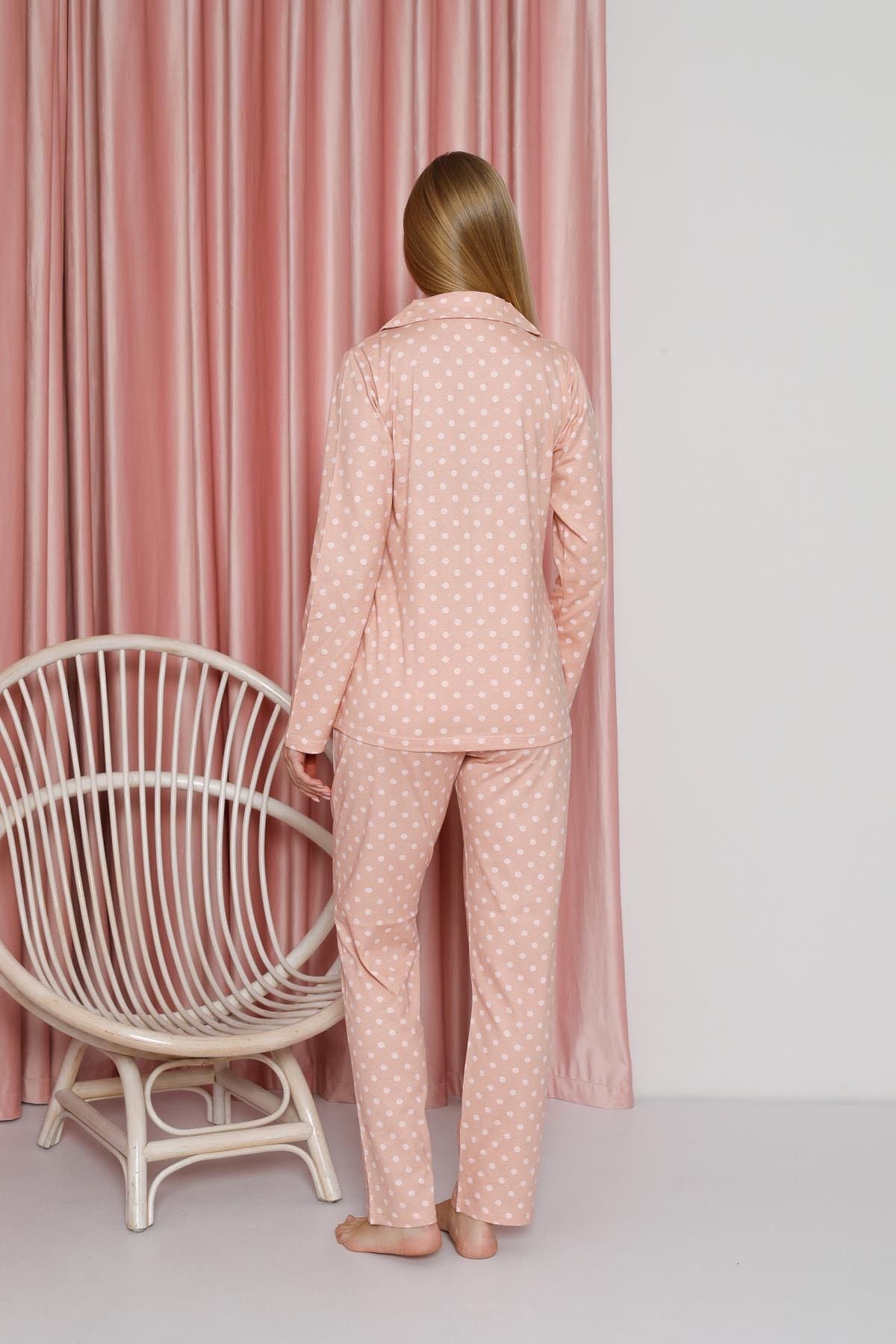 Women's Pajama Set Single Jersey Long Sleeve Polka Dot Neck Button Pockets Cotton Seasonal W20612304