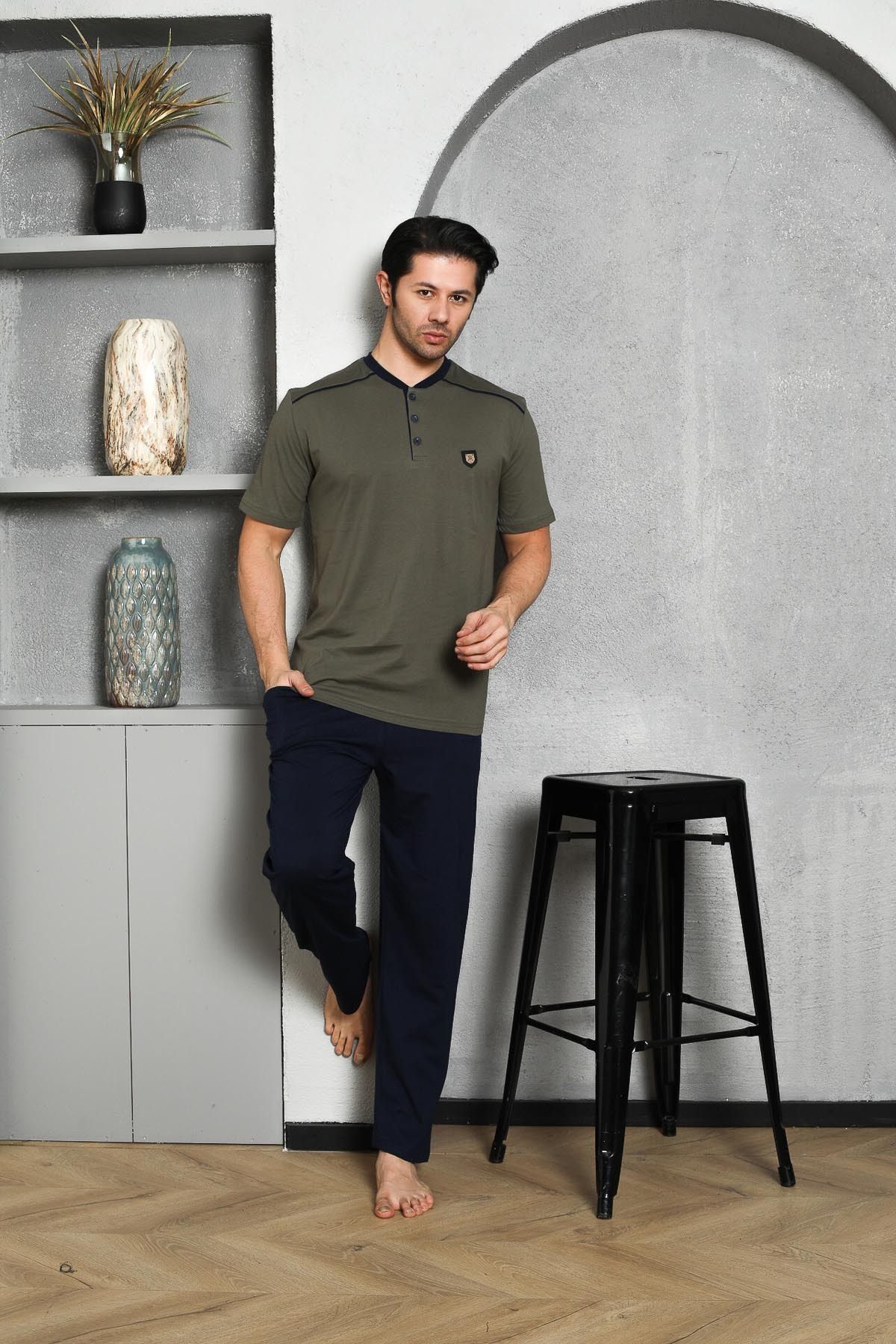 Men's Pajama Set Short Sleeve Summer Single Jersey Buttoned Shoulder Padded Crest Cotton M58302309