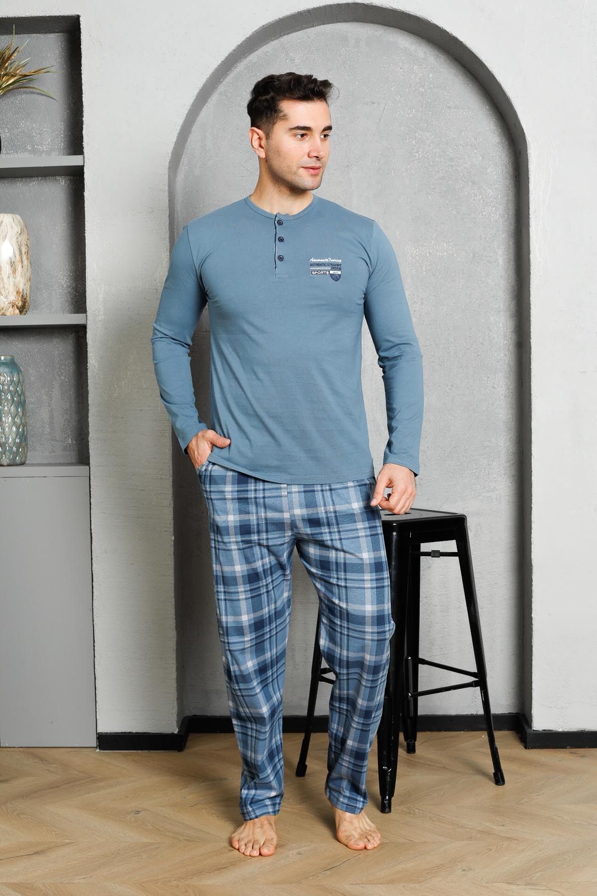 Men's Pajama Set Long Sleeves Big Plaid Button Down Collar Cotton M58372320