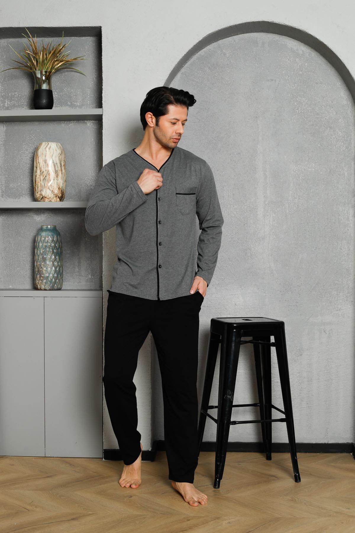 Men's Pajama Set Long Sleeve Single Jersey Long Sleeve Button Down Top Pocket Cotton M58262315