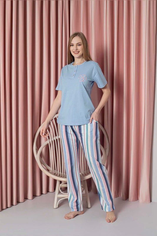 Women's Pajama Set Single Jersey Short Sleeve Bottom Striped Chest Embroidery Cotton W20722328