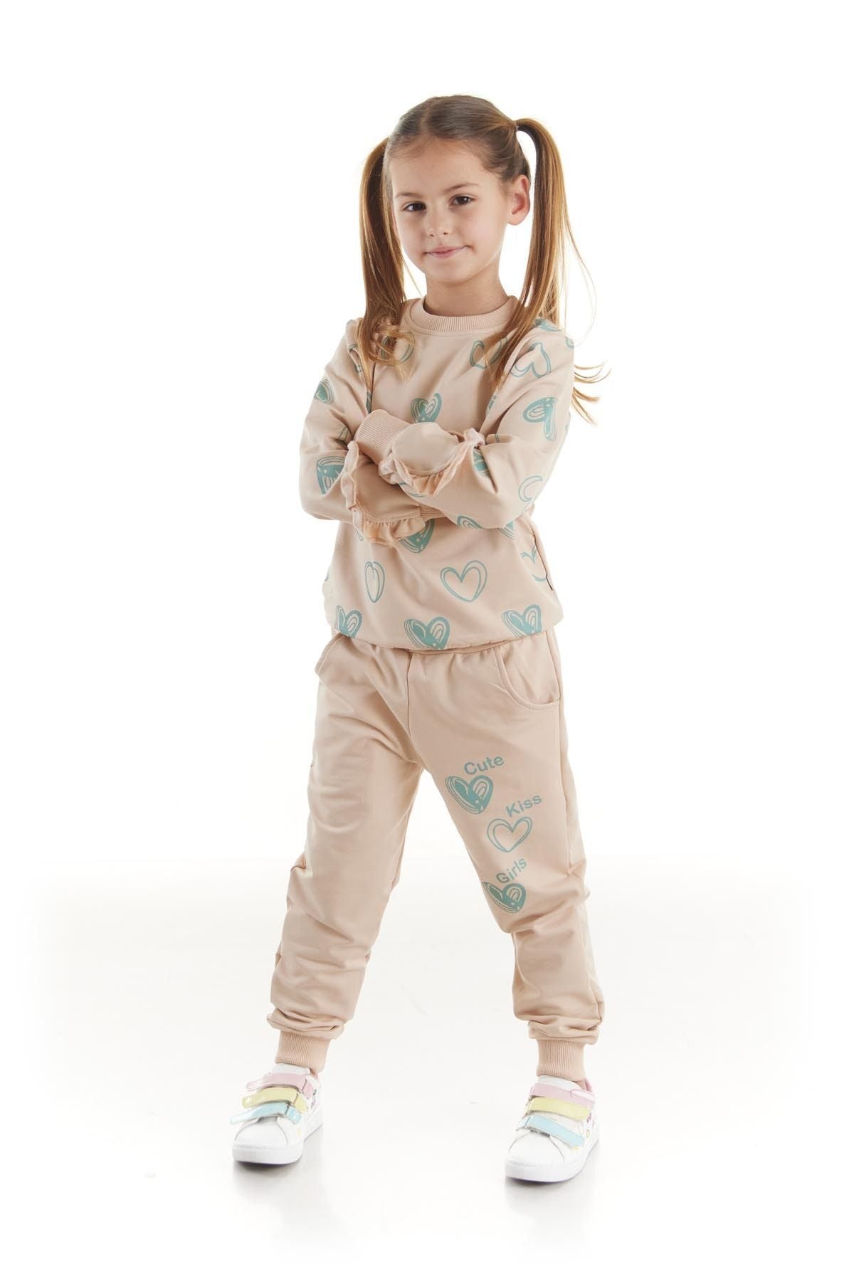 Kids Girls Tracksuit Set Heart Printed Bottom Top Two Piece Set Cotton Seasonal Ak2503