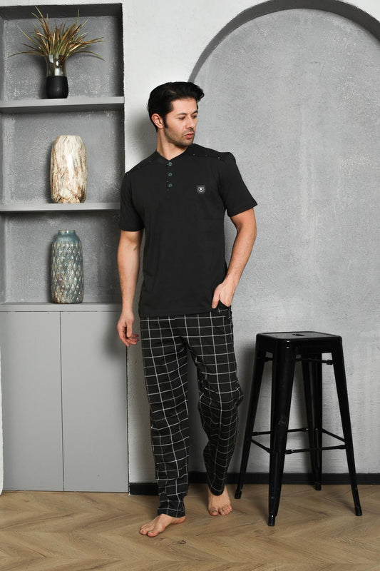 Men's Pajama Set Single Jersey Short Sleeve Short Sleeve Plaid Shoulder Padded Crest Cotton M58342319