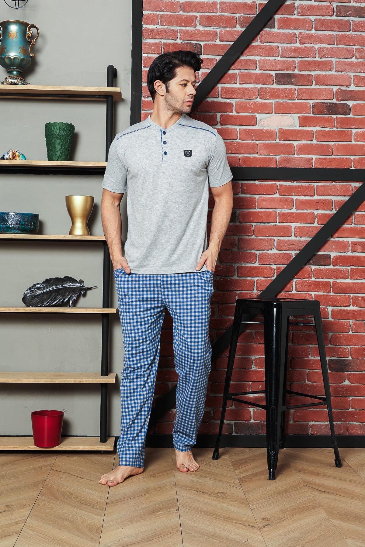 Men's Pajama Set Single Jersey Short Sleeve Summer Shoulder Padded Small Plaid Crested Cotton M58362313