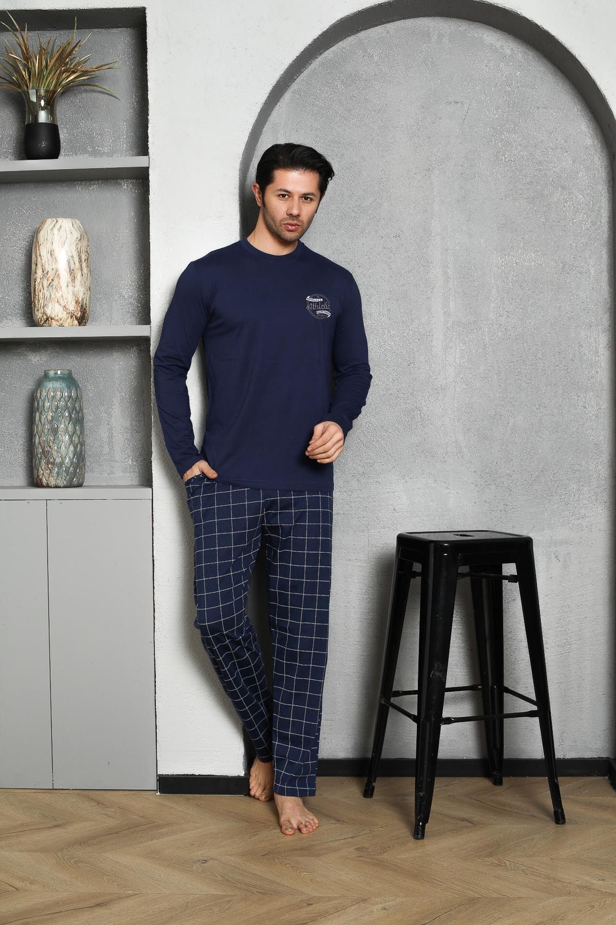 Men's Pajama Set Long Sleeve Single Jersey Plaid Chest Embroidered Cotton Seasonal M58272306