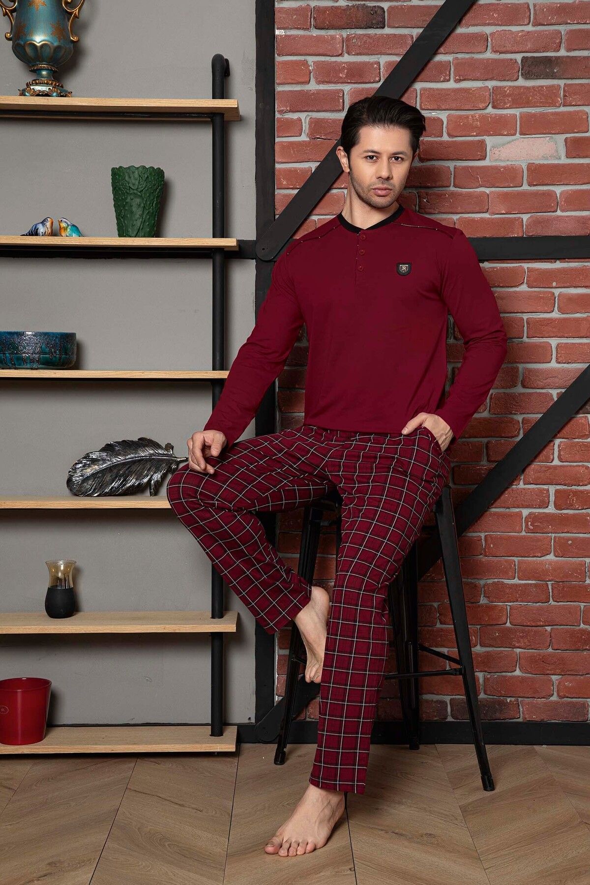 Men's Pajama Set Plaid Long Sleeve Buttoned Crest Cotton M58392338