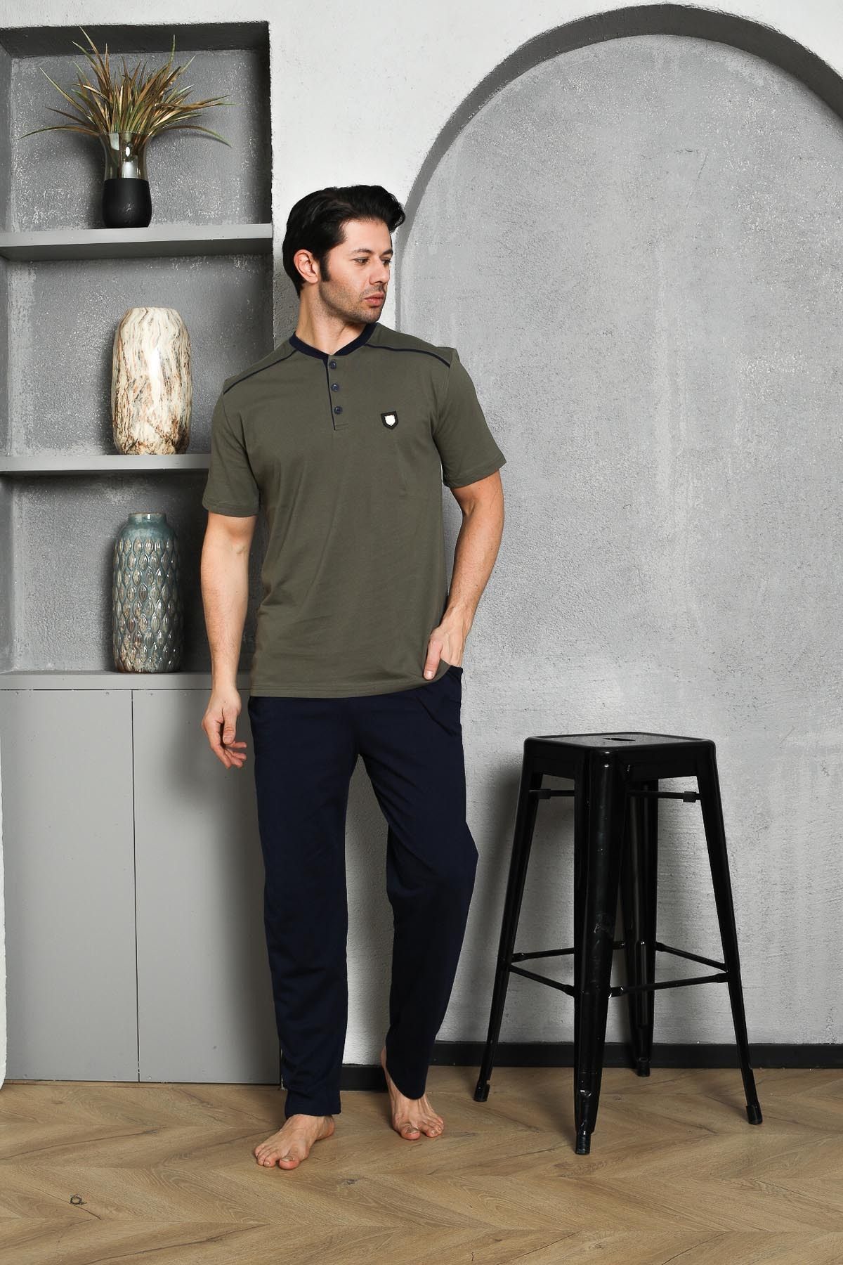 Men's Pajama Set Short Sleeve Summer Single Jersey Buttoned Shoulder Padded Crest Cotton M58302309