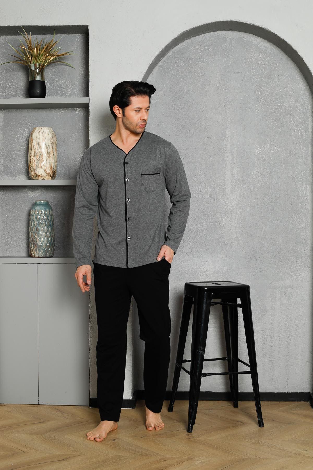 Men's Pajama Set Long Sleeve Single Jersey Long Sleeve Button Down Top Pocket Cotton M58262315