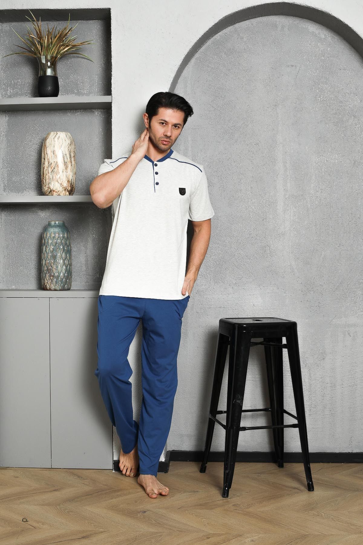 Men's Pajama Set Short Sleeve Summer Single Jersey Buttoned Shoulder Padded Crest Cotton M58302309