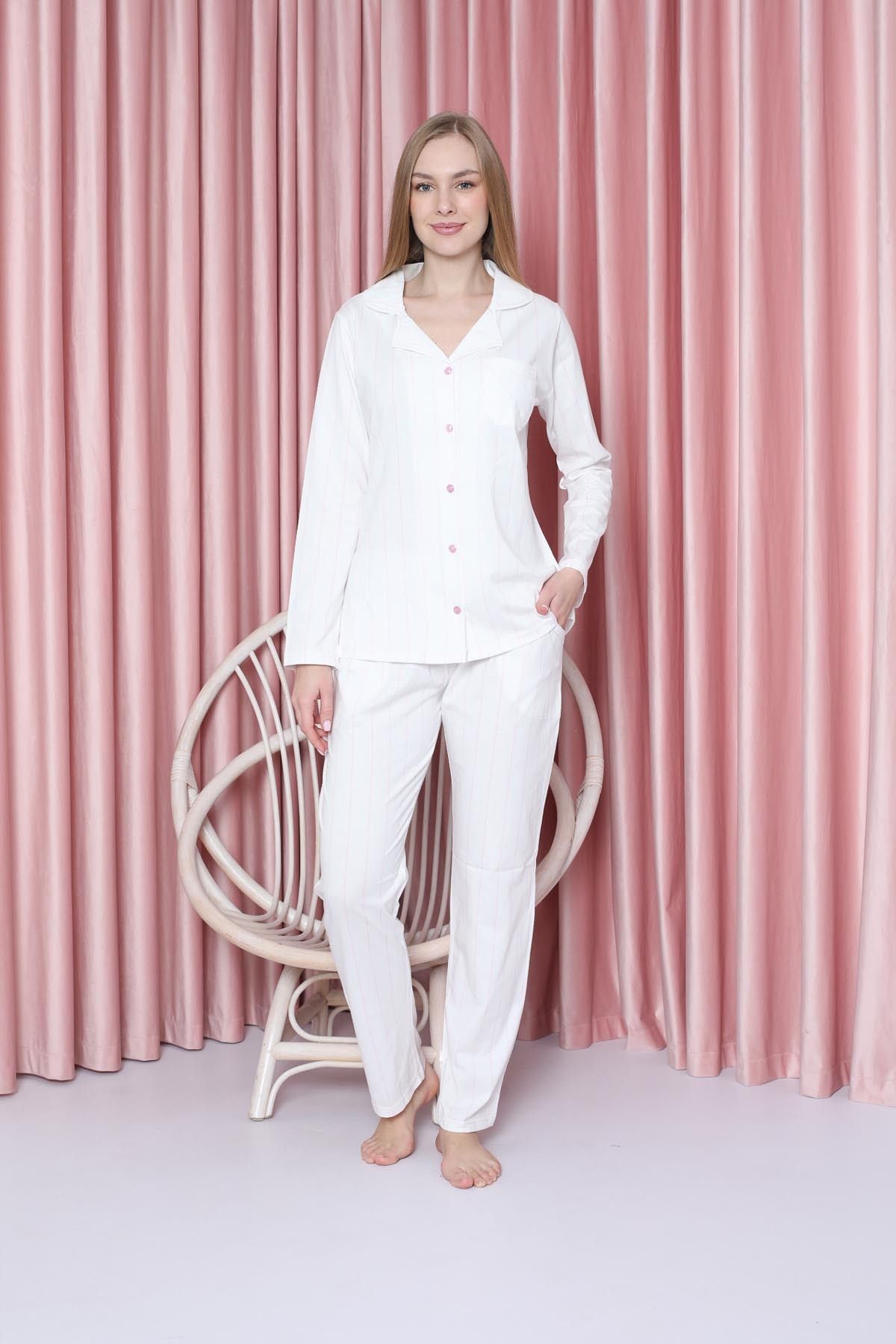 Women's Pajama Set Single Jersey Longstock Slim Striped Jacket Collar Cotton Seasonal W20602299