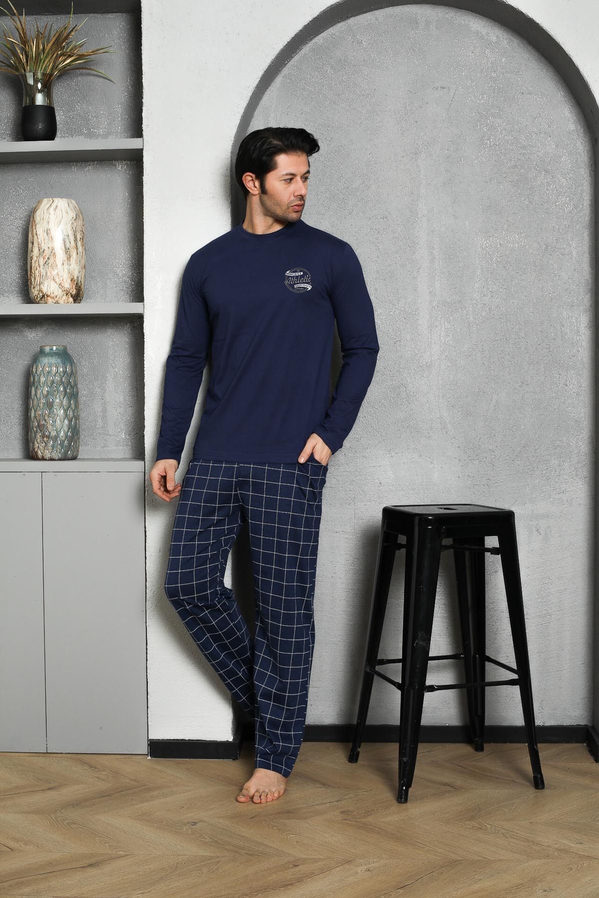 Men's Pajama Set Long Sleeve Single Jersey Plaid Chest Embroidered Cotton Seasonal M58272306