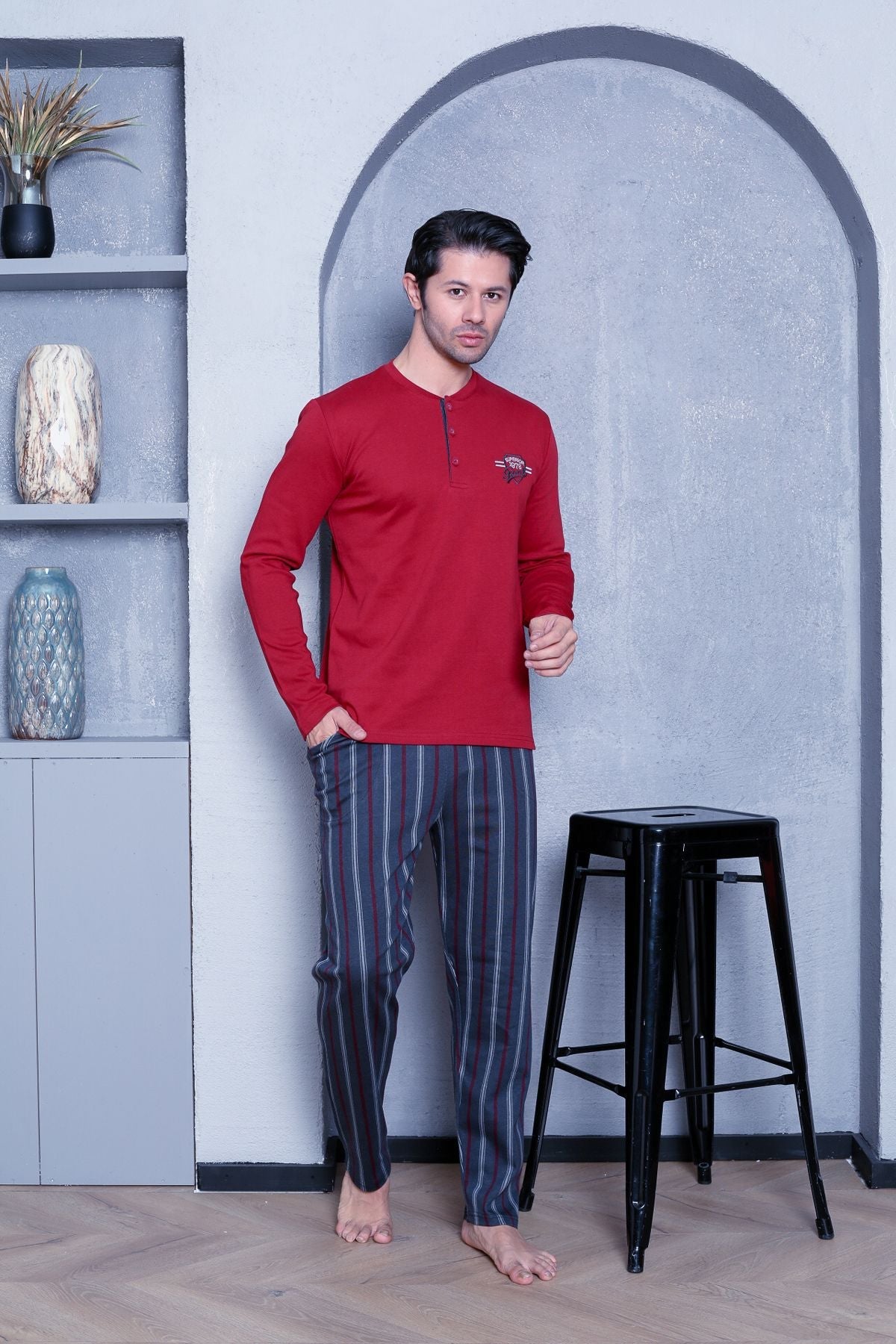 Men's Pajama Set Interlock Bottom Striped Cotton Seasonal M70102272