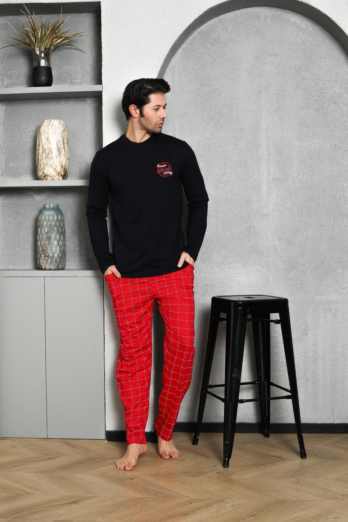 Men's Pajama Set Long Sleeve Single Jersey Plaid Chest Embroidered Cotton Seasonal M58272306