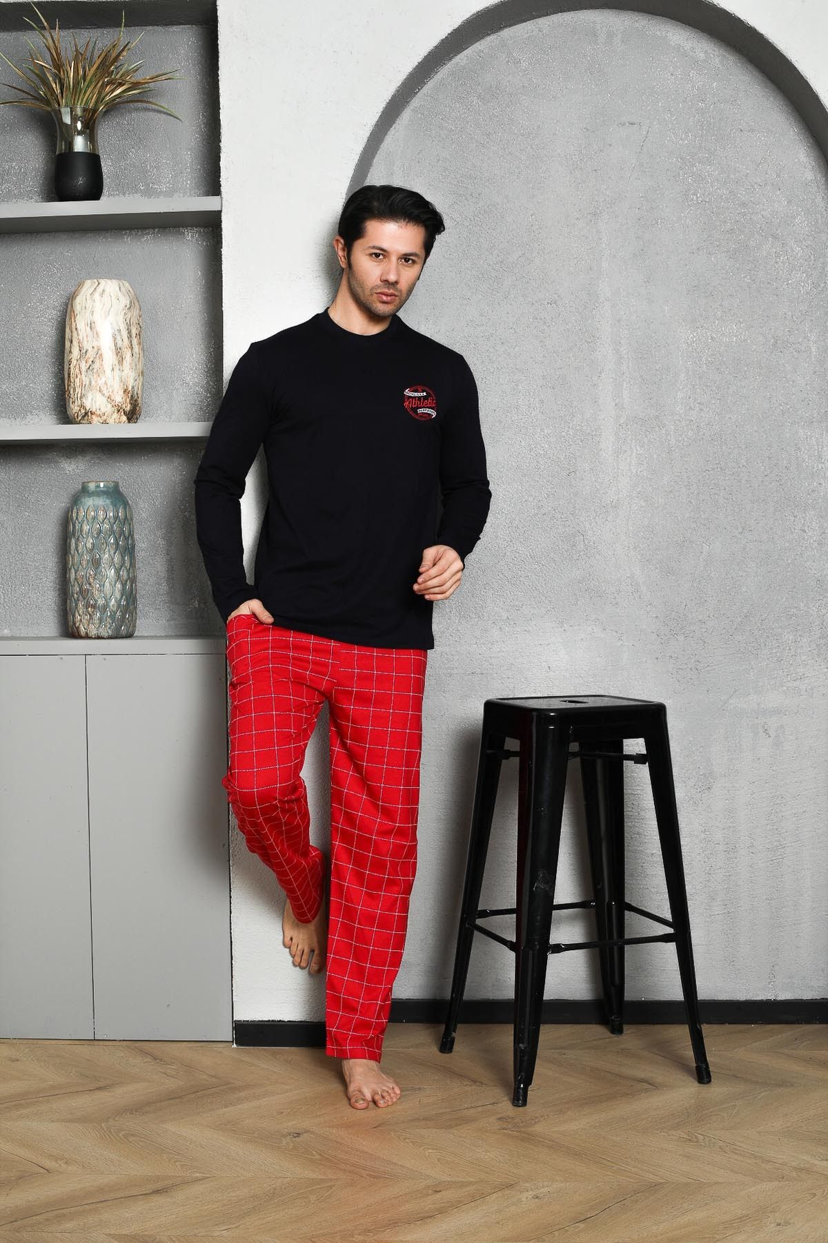 Men's Pajama Set Long Sleeve Single Jersey Plaid Chest Embroidered Cotton Seasonal M58272306